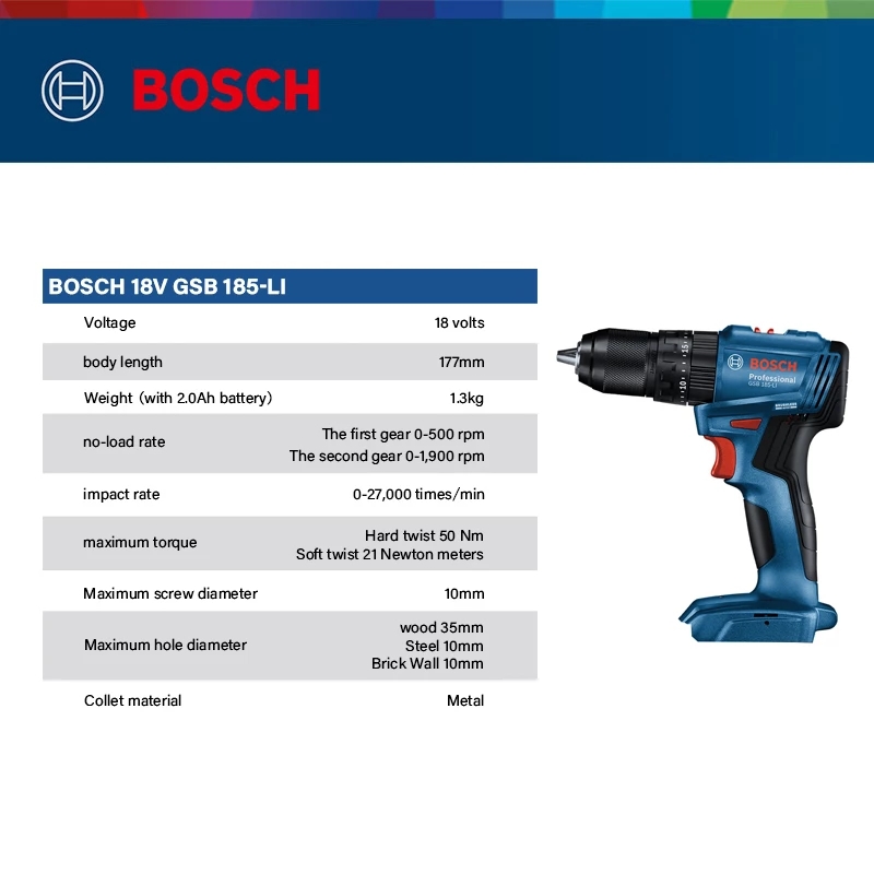 Bosch Drill Gsb 18V - Taladro Percutor Inalámbrico Bosch GSB 185-LI
